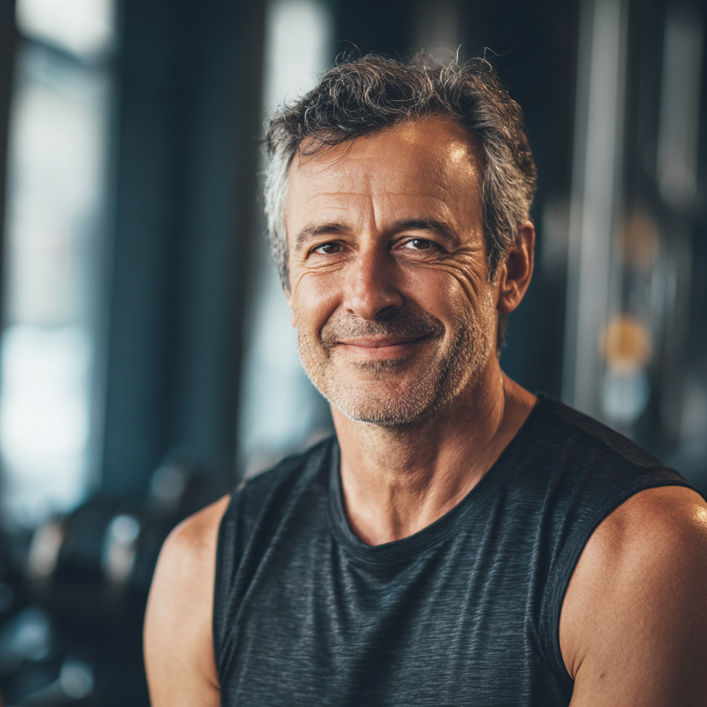 Усмихнати европейски хора на средна възраст по време на фитнес тренировка в модерна зала, реалистичен стил