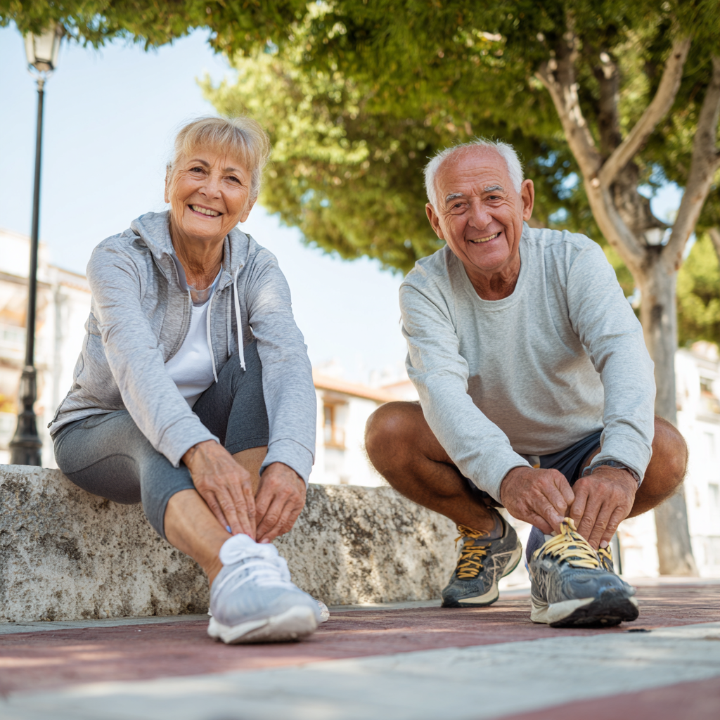 Група усмихнати европейци на различна възраст показват подобрената си физическа форма след тренировки, реалистичен стил