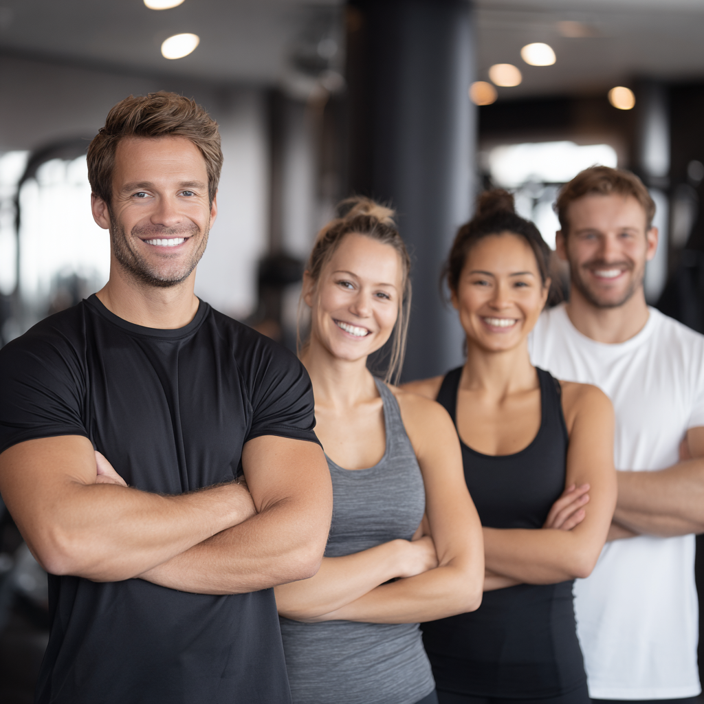 Професионални европейски фитнес треньори в модерна зала, усмихнати и готови да помогнат на клиентите си, реалистичен стил